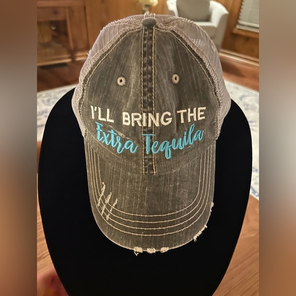 Accessories - Trucker hat I’ll bring the extra tequila, grey, turquoise, and white vented hat